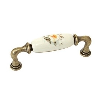 UCHWYT Meblowy DECORA Ceramiczny 112x22 Zdobiony Stary Mosiądz Kwiaty L-96