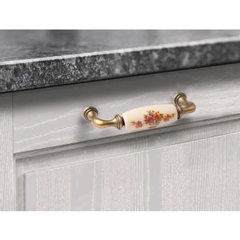 UCHWYT Meblowy DECORA Ceramiczny 112x22 Zdobiony Stary Mosiądz Kwiaty L-96