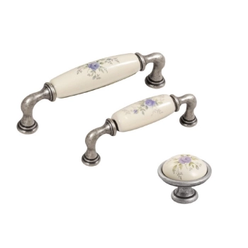 UCHWYT Meblowy DECORA Ceramiczny 112x22 Zdobiony Stare Srebro Kwiaty L-96