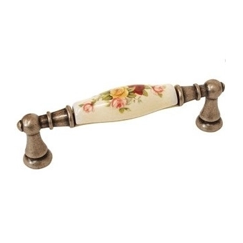 UCHWYT Meblowy FLORA Ceramiczny 112x18 Zdobiony Stary Mosiądz Kwiaty L-96