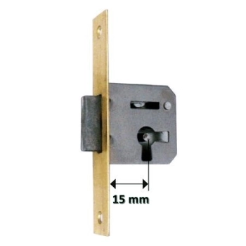 ZAMEK Meblowy na Klucz WPUSZCZANY - 15 mm - Czoło MOSIĄDZ 100x18 - PRAWY