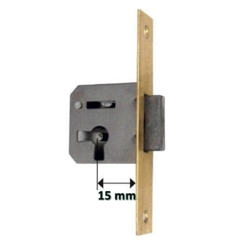 ZAMEK Meblowy na Klucz WPUSZCZANY - 15 mm - Czoło MOSIĄDZ 100x18 - LEWY