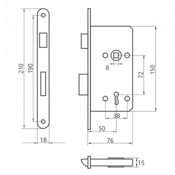 Zamek wpuszczany drzwi 72/50 na klucz LEWY 18x210