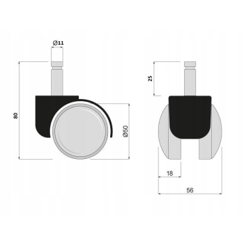 5 szt - Kółko meblowe 50 mm FI 11 mm tworzywo z trzpieniem