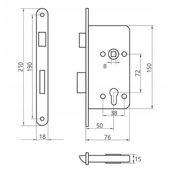 Zamek drzwi wpuszczany 72/50 wkłada PRAWY 18x210