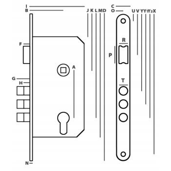 Zamek do drzwi wpuszczany 3-bolcowy 72/50/18 JANIA