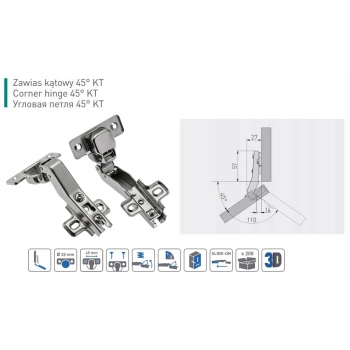 2 szt - Zawias meblowy puszkowy GTV 45° FI 35 mm + prowadnik ZP-KT45H2-BE