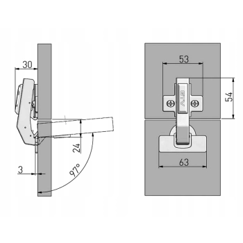 2 szt - Zawias meblowy 90° równoległy GTV + prowadnik samodomyk ZM-HCKT90-BE-S