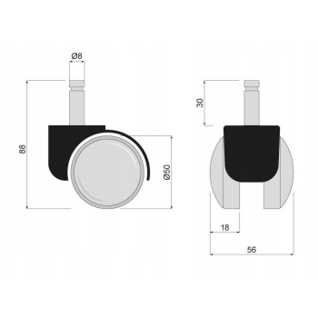 2 szt - Kółko meblowe gumowe 50 mm FI 8 z trzpieniem