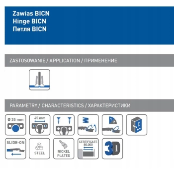 4 szt - Zawias meblowy 110° GTV 1/2 płyty + prowadnik