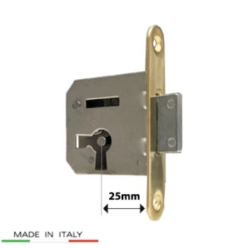 ZAMEK Meblowy na Klucz WPUSZCZANY - 25 mm - Czoło MOSIĄDZ 68x12 - LEWY