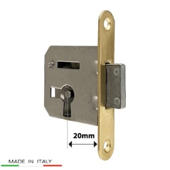 ZAMEK Meblowy na Klucz WPUSZCZANY - 20 mm - Czoło MOSIĄDZ 68x12 - LEWY