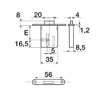 ZAMEK Meblowy na Klucz WPUSZCZANY - 15 mm - Czoło MOSIĄDZ 68x12 - LEWY