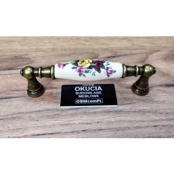 UCHWYT Meblowy FLORA Ceramiczny 112x18 Zdobiony Stary Mosiądz Kwiaty L-96