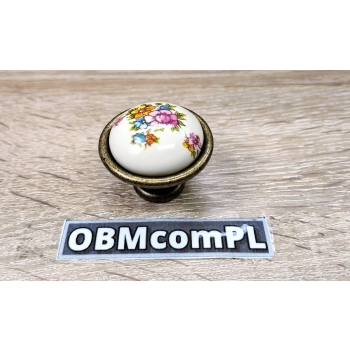 GAŁKA Meblowa Ceramiczna 40 mm BRANDO Rączka STARY MOSIĄDZ + KREMOWY KWIATY