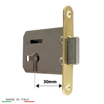 ZAMEK Meblowy na Klucz WPUSZCZANY - 30 mm - Czoło MOSIĄDZ 68x12 - LEWY